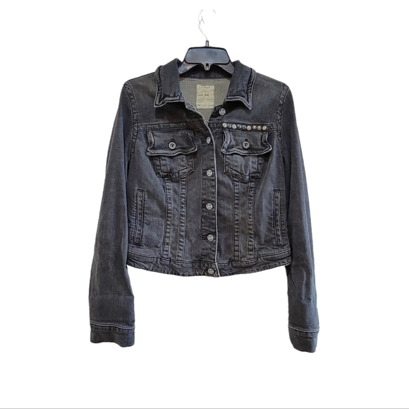 Free People Heart Studded Washed Black Denim Crop Jacket Women's Medium - Picture 1 of 10